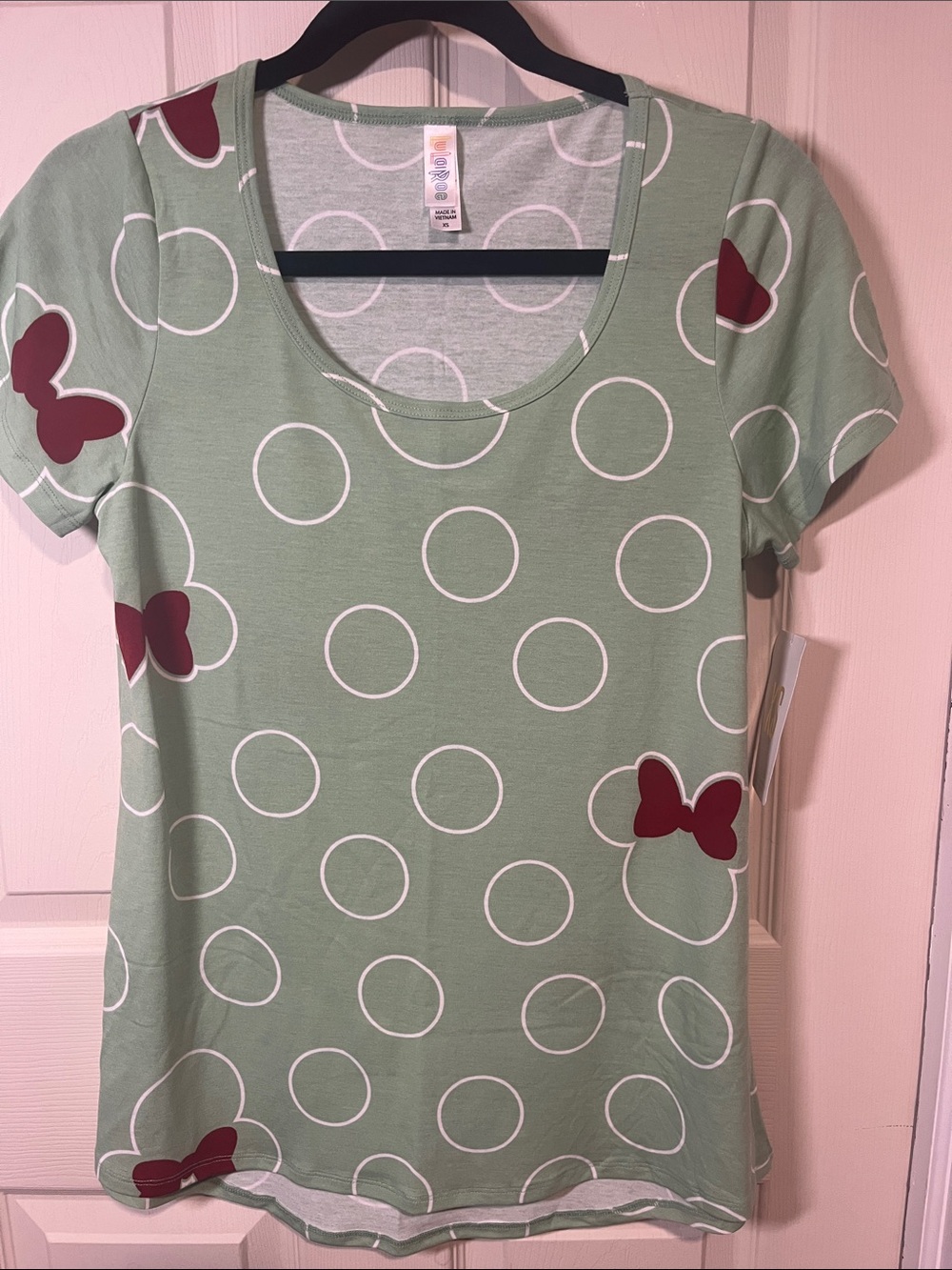 LuLaRoe Mint Green Dot Tee with Maroon Bow Accents